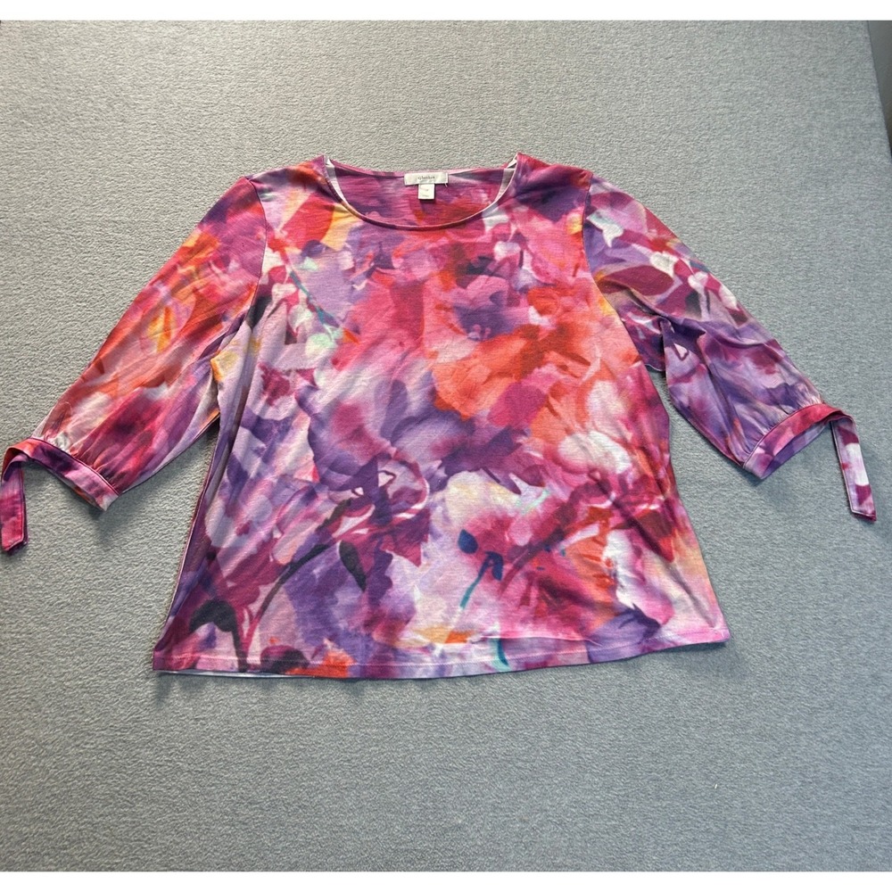 CJ Banks 3/4 Sleeve Tie Cuff Top Womens 1X Pink Purple Floral Watercolor Print
